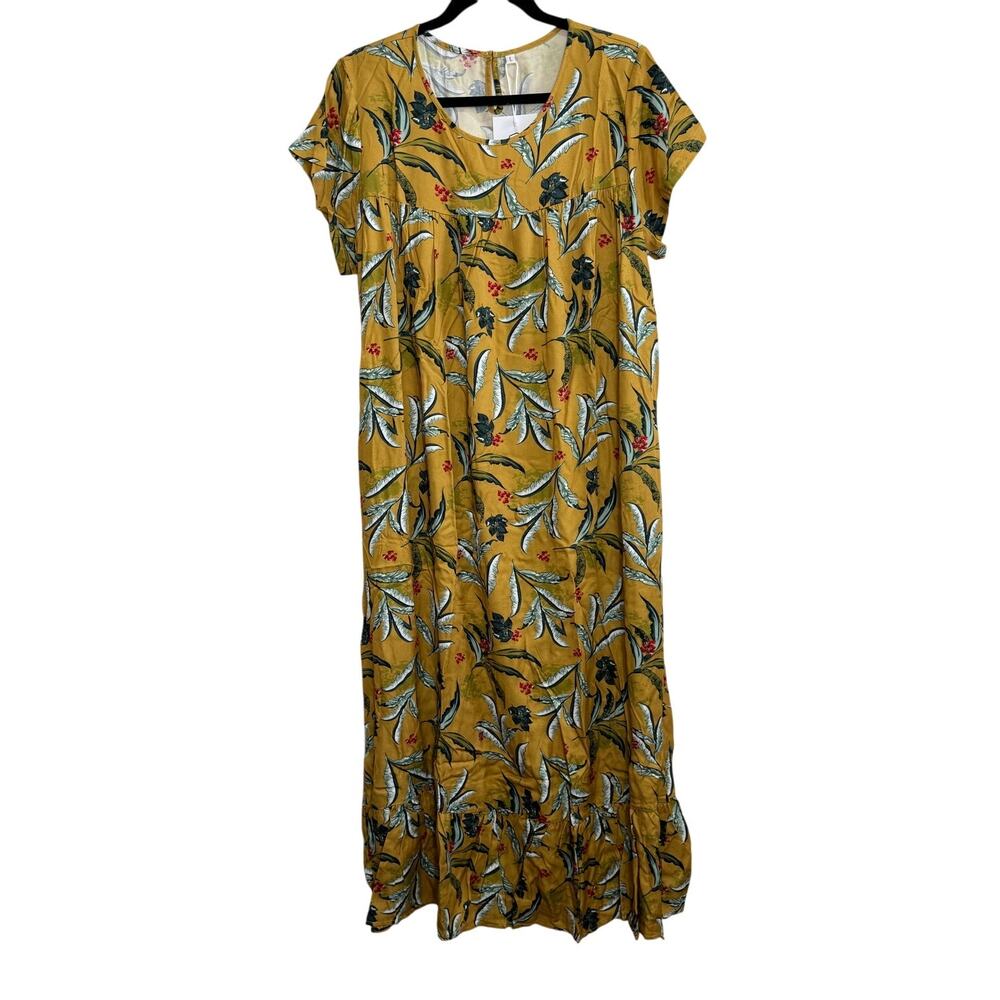 NWT Women's Long Yellow Tropical Flowy Belt Tie Dress Jumper Style Large - Picture 2 of 13
